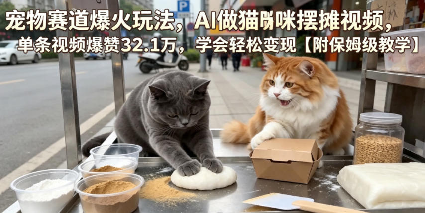 宠物赛道爆火玩法，AI做猫咪摆摊视频，单条视频爆赞32.1万，学会轻松变现【附保姆级教学】-玩备项目资源网